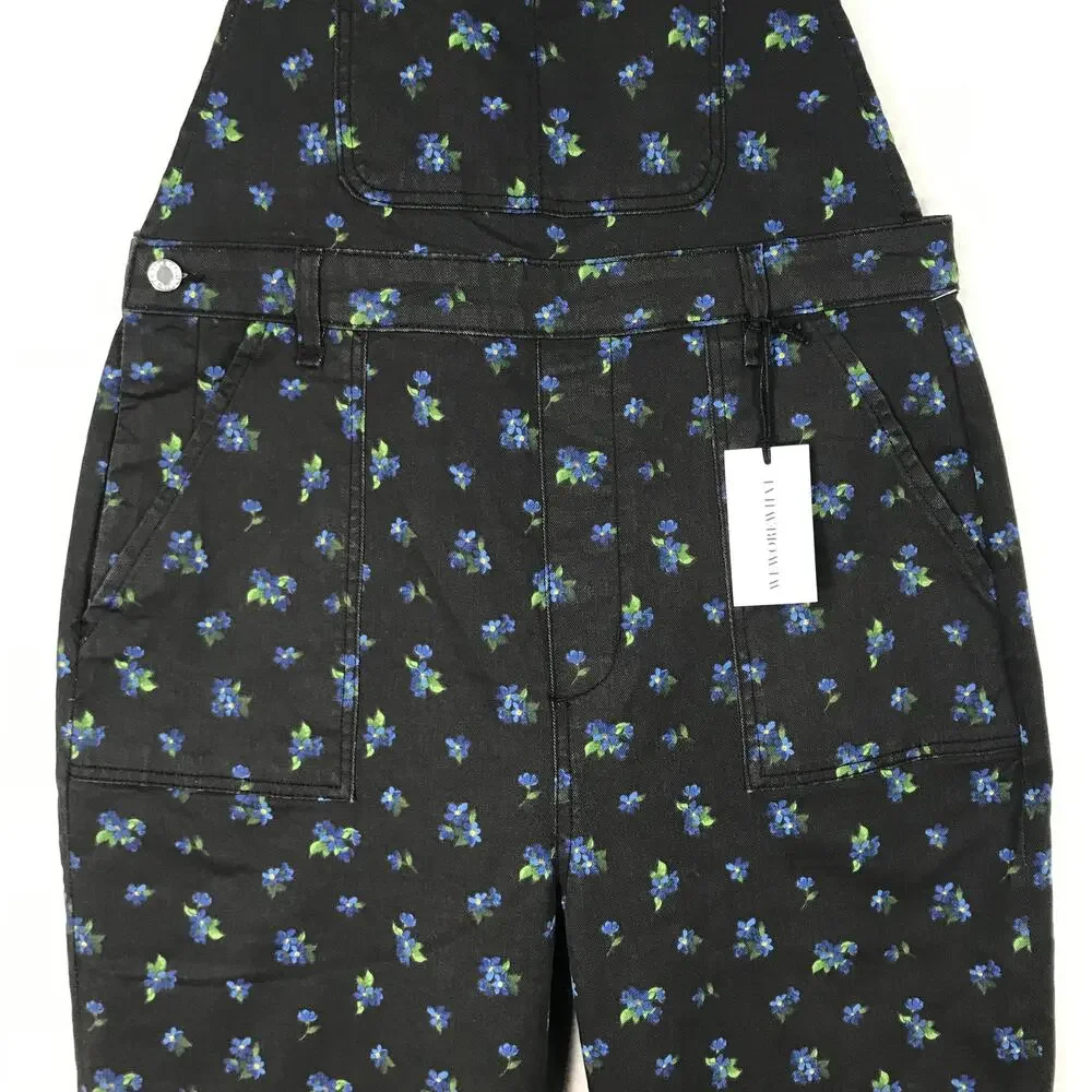We Wore What Overalls Large Black Ditsy Floral Baggy Denim Stretch Y2K Festival - Picture 5 of 16